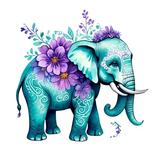day of the dead elephant teal and purple with flowers around it tattoo design idea