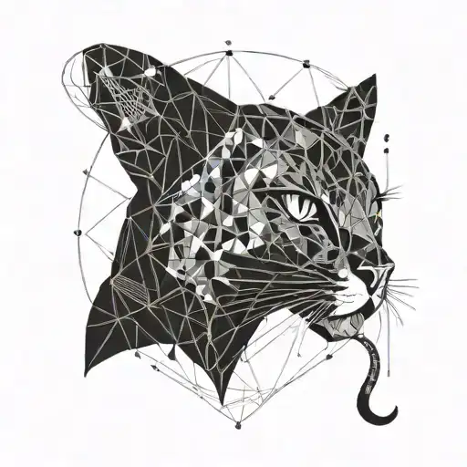 Black and white, Cat  with eyes like Emerald, a Symbol of Taurus and a symbol of a snake, moon and sun tattoo design idea
