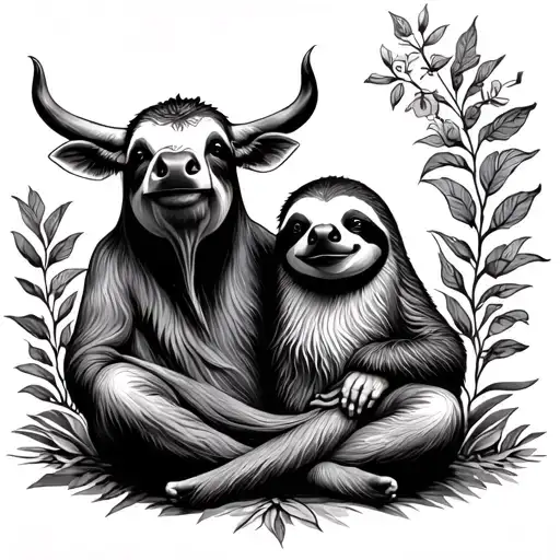 Ghost cow and hippie sloth meditating tattoo design idea