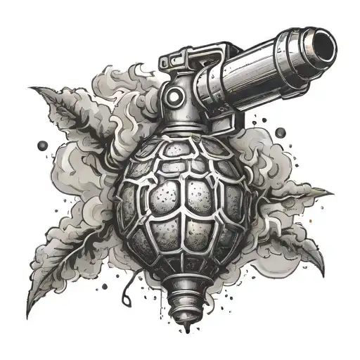 Design a tattoo of a grenade exploding into a cloud of smoke with the Counter Strike logo subtly hidden within the smoke tattoo design idea