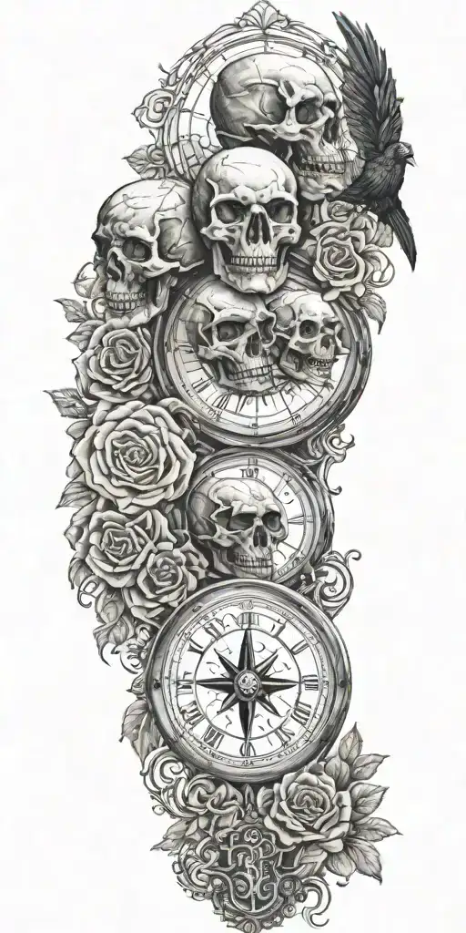 skulls, raven, rose, beaches mixed hour glass compass dark death tattoo design idea