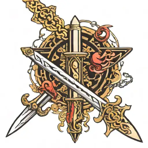 Sword of Damocles with chain instead of string being sucked into a black hole. tattoo design idea