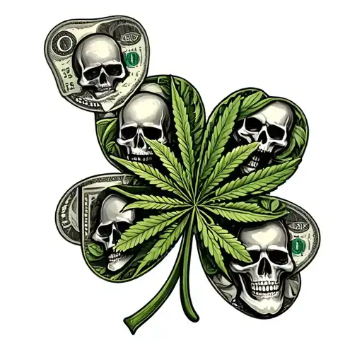 four leaf clover mixed with a marijuana leaf with 330 inside it and pirate Charlie Rogers skulls 100$ bills and Rx symbo tattoo design idea