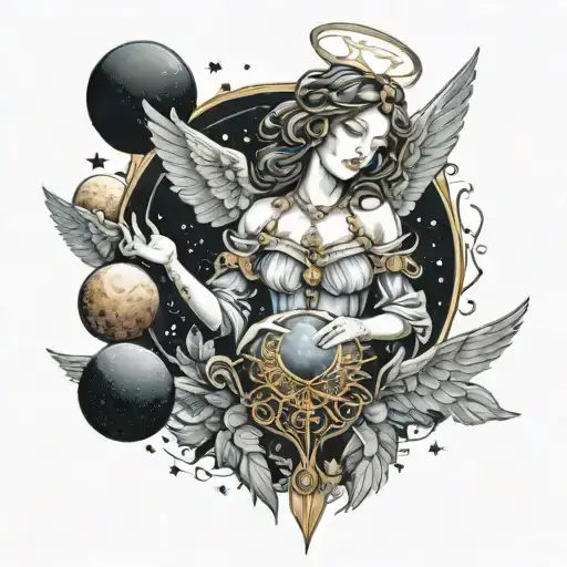 Guardian angel woman surrounded by planets of the solar system holding a heart in one hand and the tara of Themis in her dear one tattoo design idea