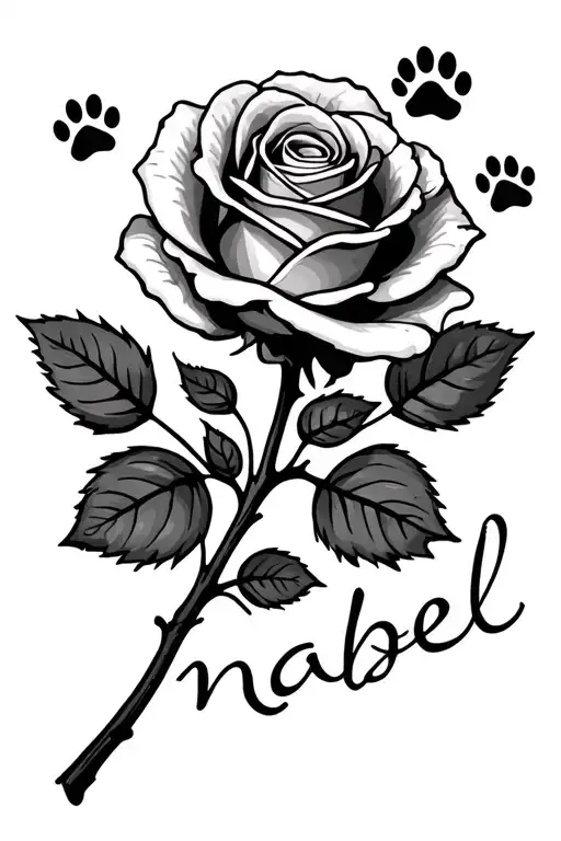 Rose tattoo with paw prints as leaves and "mabel" written halfway through the stem tattoo design idea