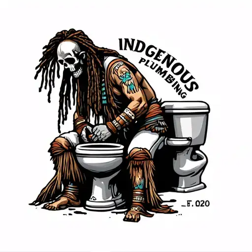 "INDIGENOUS PLUMBING EST.2020" skull dreadlock Native American warrior fixing a toilet tattoo design idea