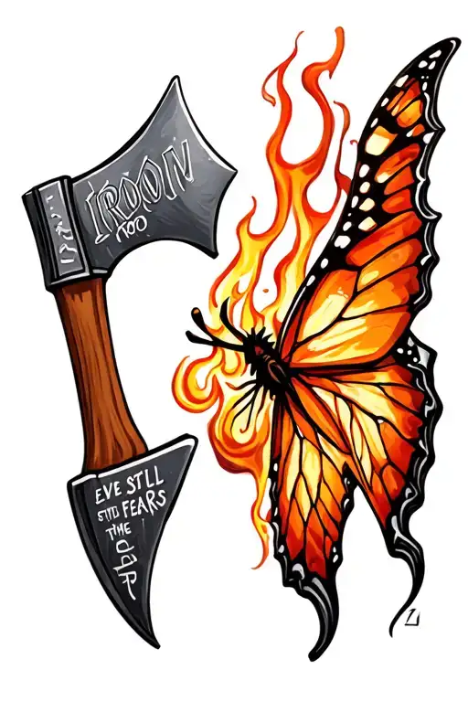 "even iron still fears the rot" axe with butterfly with flames tattoo design idea