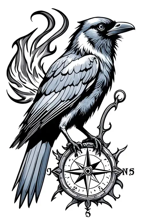 crow with compass firey tattoo design idea