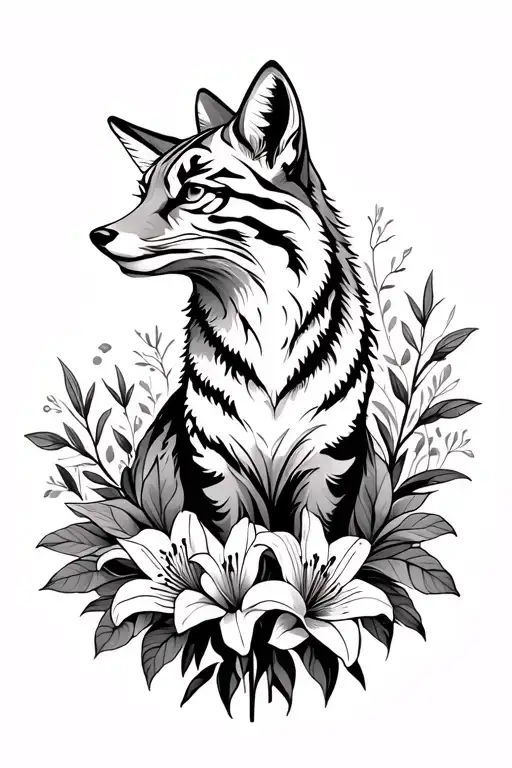 fox surrounded by tiger lilies and roses growing tattoo design idea
