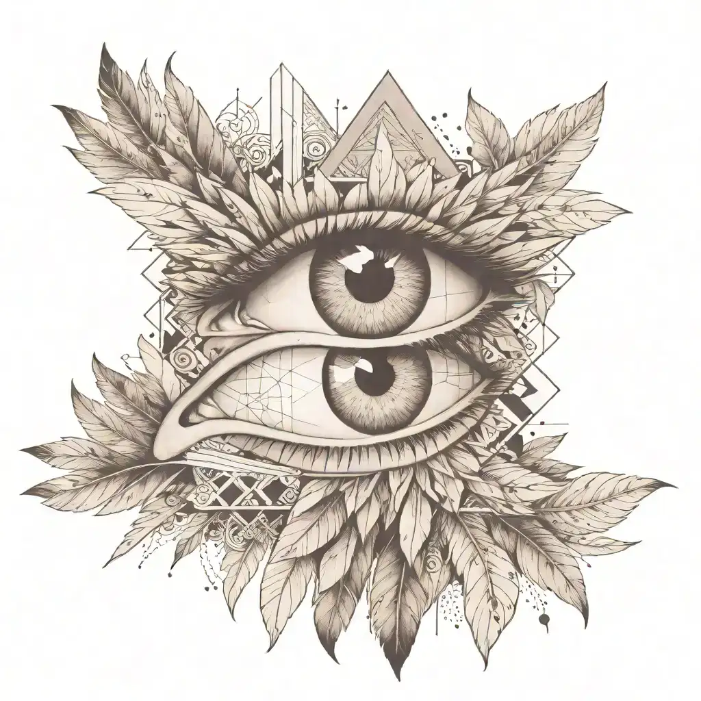 A forearm tattoo of a detailed, realistic eye within a geometric pattern, surrounded by abstract shapes and feathers. The design uses black and gray shading, combining realism with abstract art for a mystical effect. tattoo design idea