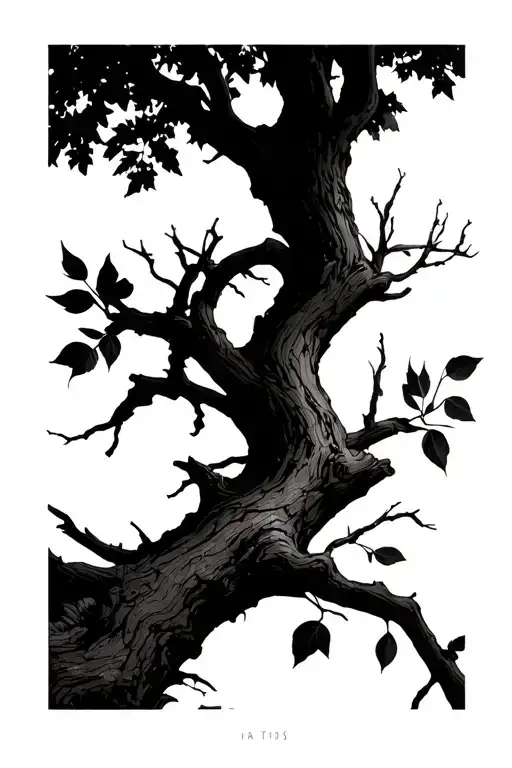 a bare, thin tree with long branches, a thin long branch that goes off to the left has a few scattered leaves, e.g tattoo design idea