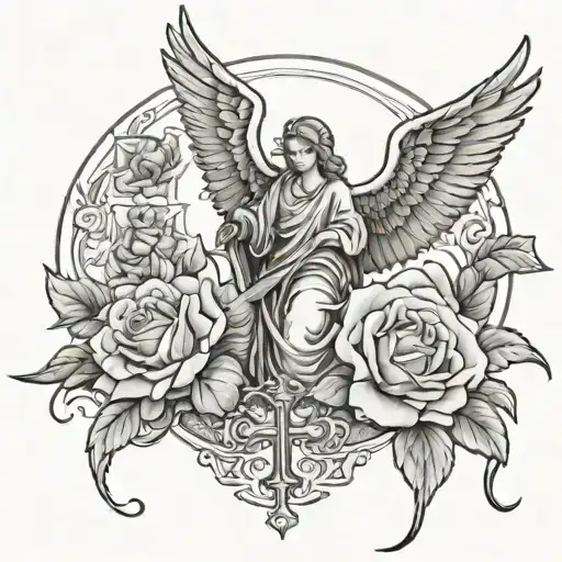 walking into heaven tattoo with roses anda bird at the bottom and angel praying at the top  tattoo design idea