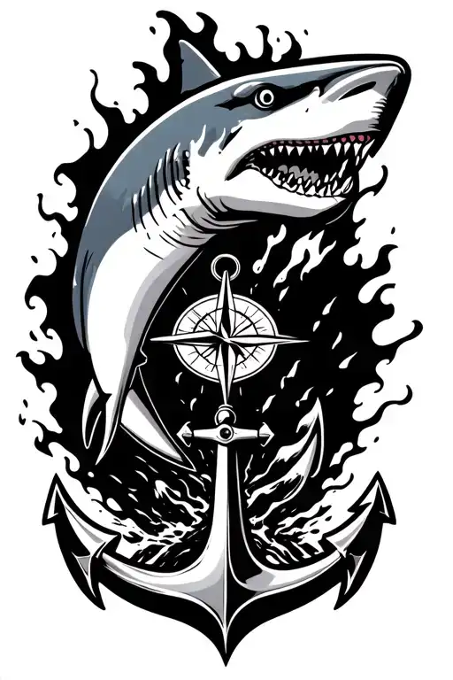 boat anchor and compass shark emerging victoriously from the ashes tattoo design idea