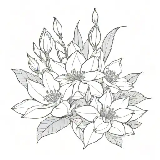 Bouquet of flowers, water lily, Astor, morning glory, delphinium  tattoo design idea