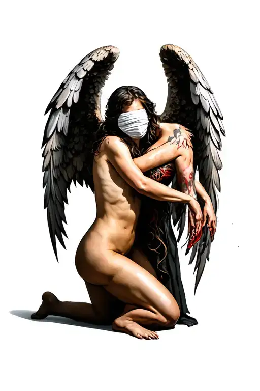 kneeling blindfolded good angel with evil angel trying to kill her from behind tattoo design idea