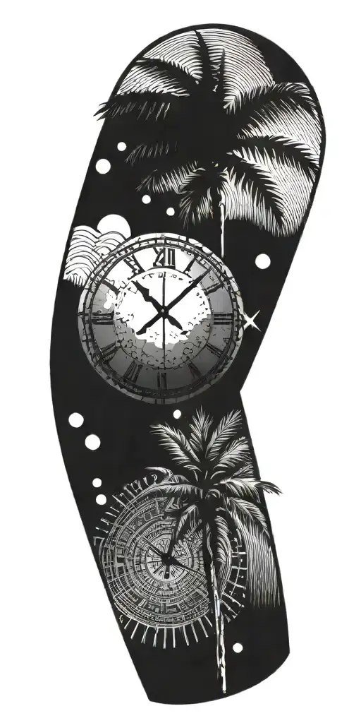 sober clock concrete palm tree silhouette tattoo design idea