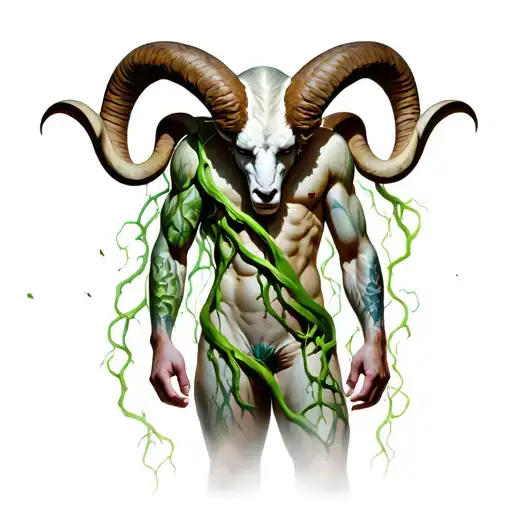 Aries god, muscular, naked, with toxic vines wrapped tattoo design idea