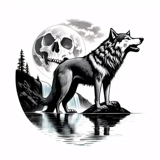 I want a wolf standing on a waterfall howling at a skull moon w the skulls reflection in the water tattoo design idea