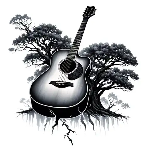 acoustic guitar with oak trees surrounding it blended. lightning coming from the bottom tattoo design idea