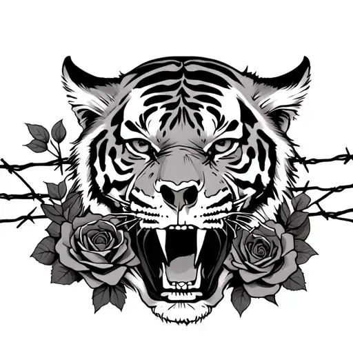 big head of a tiger that killed a skull, they are surrounded by barbed wire and roses tattoo design idea