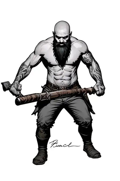 Guncle homage tattoo, horror pop style, bald bearded male character in absurd defensive stance with scenic weapon, full  tattoo design idea