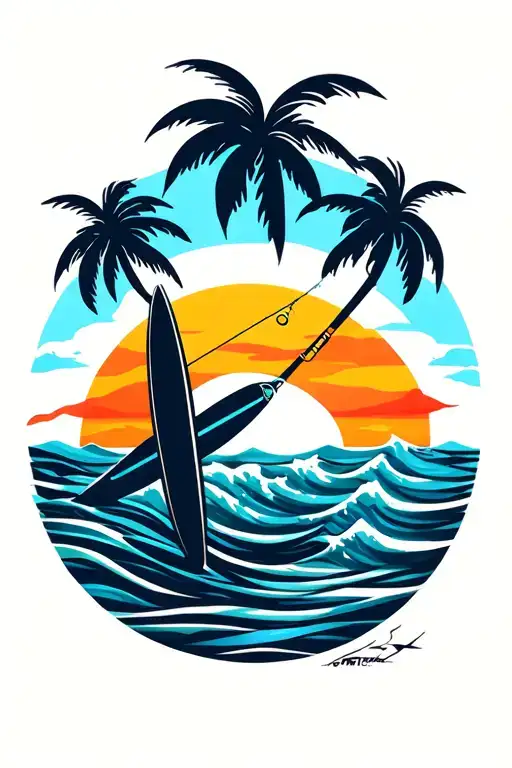 ocean waves 1 surf board 1 fishing pole 2 palm trees sunset in background tattoo design idea