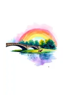 rainbow bridge leading to field with pond and dogs playing tattoo design idea