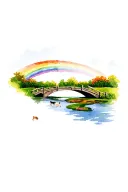 rainbow bridge leading to field with pond and dogs playing tattoo design idea