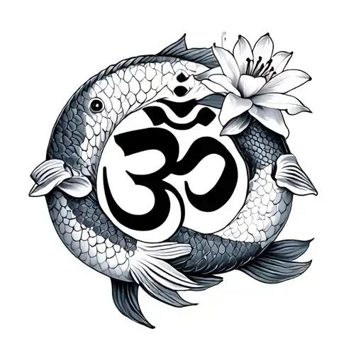 om symbol with koi fish around it with lilium and lotus flowers tattoo design idea