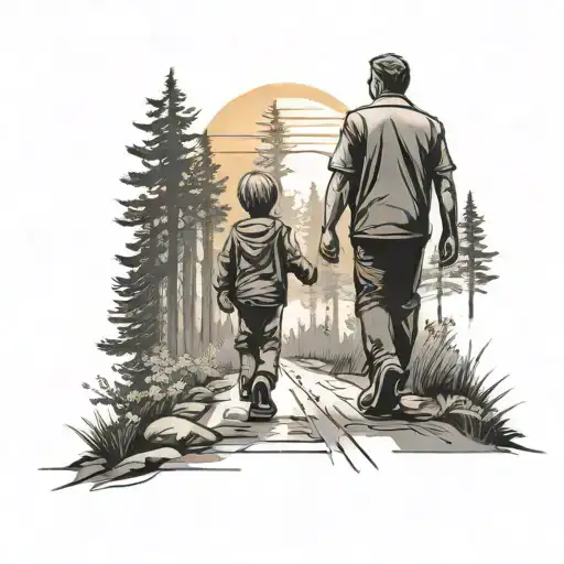 dad and son walking towards sun setting in the woods tattoo design idea