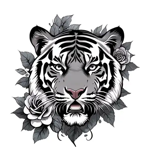 a powerful ancient and sexy designs around a tiger with roses tattoo design idea