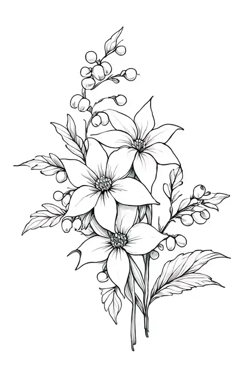 fineline lily of the valley, poinsettia flower and aster flower tattoo design idea