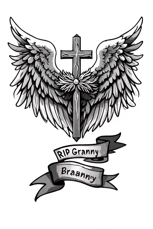 A cross with angel wings and a banner on the bottom saying RIP Granny tattoo design idea