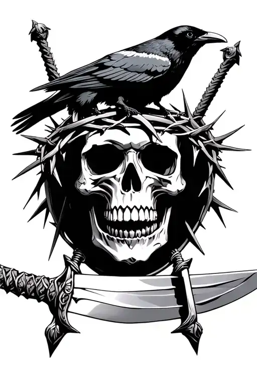 skull wearing a crown of thorns with a sword going through it with a crow on top of the sword  tattoo design idea
