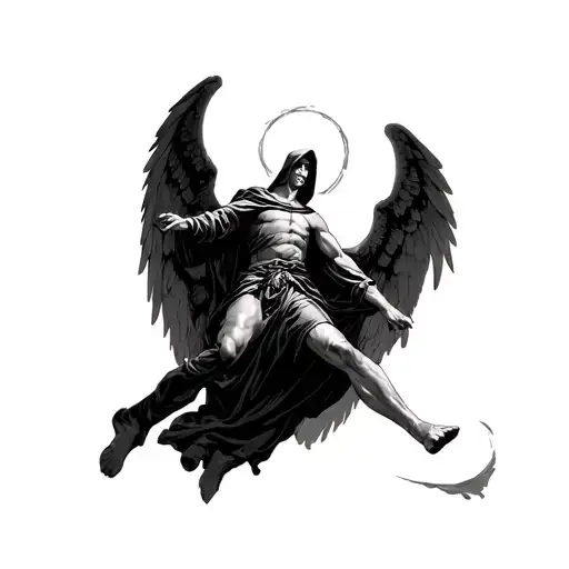 Arch Angel Michael wearing dark robes with a hood defeating Lucifer falling tattoo design idea