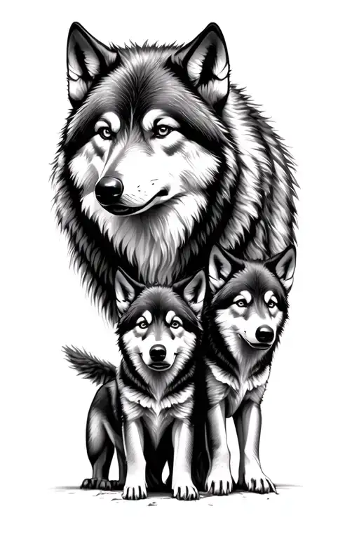 Father wolf with three wolf pups in front of him looking at them tattoo design idea