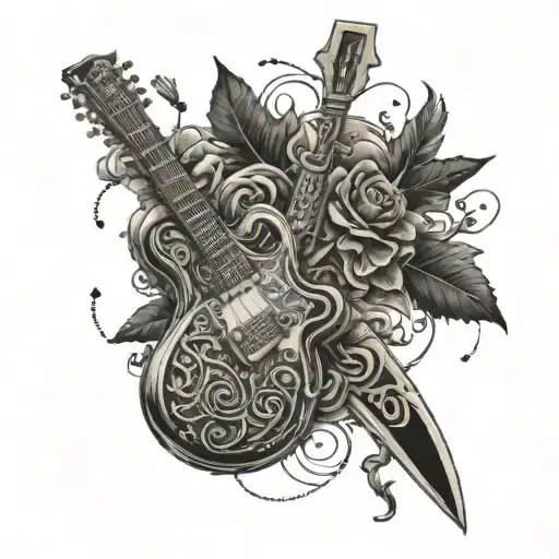An intricate tattoo featuring a chef's knife intertwined with a guitar to symbolize the client's passion for cooking and music tattoo design idea
