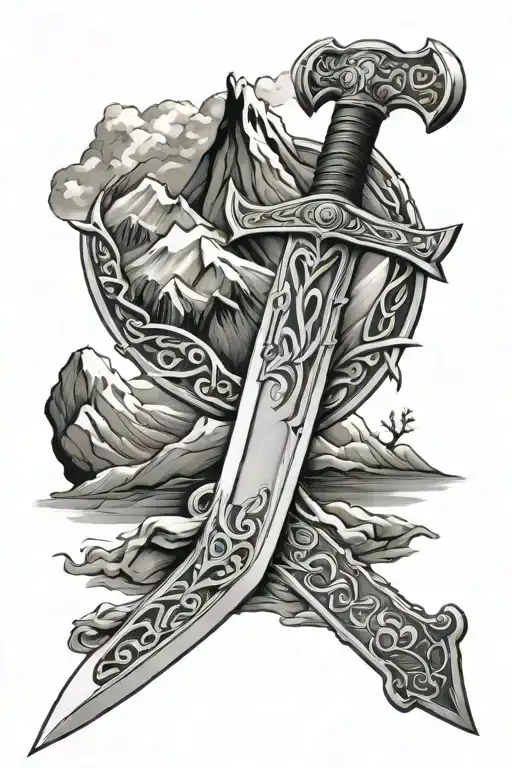 scottish claymore sword with mountains tattoo design idea