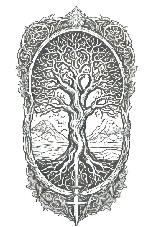 yggdrasil and tombstone and sword and staff and magic tattoo design idea