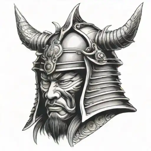 Samurai head with helmet tattoo design idea
