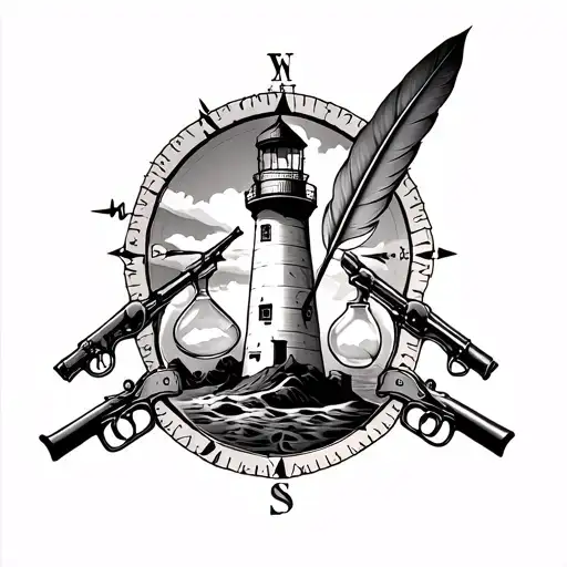 lighthouse In The Middle With a compass and hour glass On Both Sides & a flintlock pistol and quill facing Opposite Ways tattoo design idea