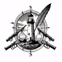 lighthouse In The Middle With a compass and hour glass On Both Sides & a flintlock pistol and quill facing Opposite Ways tattoo design idea
