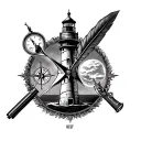 lighthouse In The Middle With a compass and hour glass On Both Sides & a flintlock pistol and quill facing Opposite Ways tattoo design idea