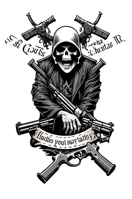 bennett in nice curssivewith grim reaper and guns under writing tattoo design idea