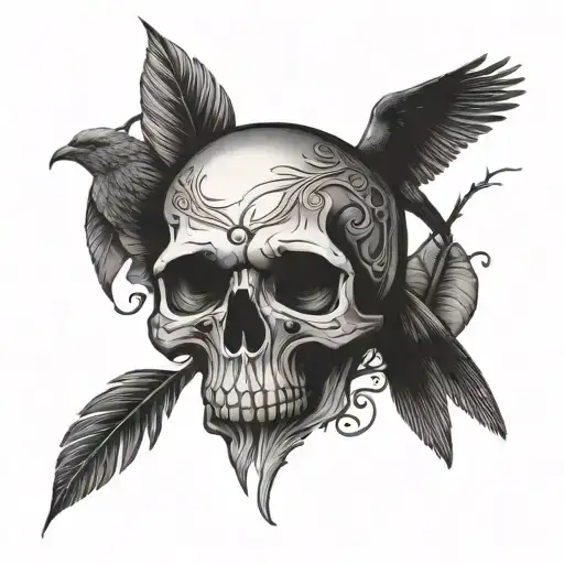 skull and bird tattoo design idea