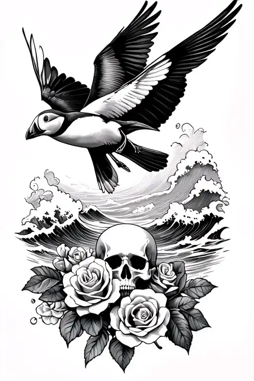 skull and roses, Puffin flying over, surrounded by ocean waves tattoo design idea