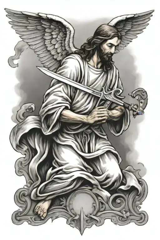 jesus praying, angel holding a sword, dove flying, 1 John 4:21 tattoo design idea