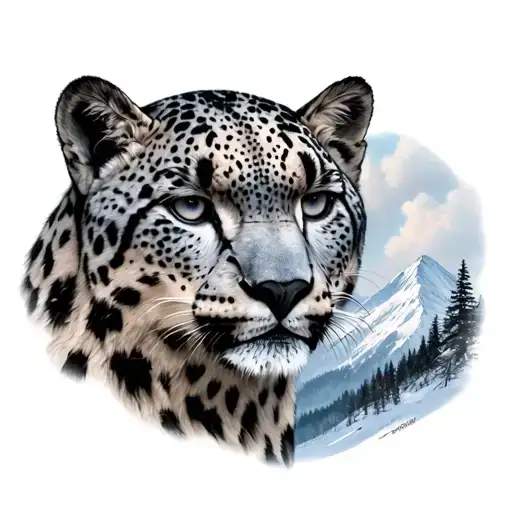 Snow leopard face tattoo. Winter themed mountain landscape in the background tattoo design idea