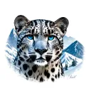 Snow leopard face tattoo. Winter themed mountain landscape in the background tattoo design idea