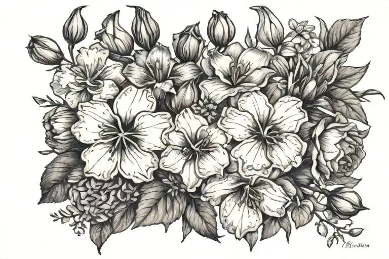 Flowers: Violets, roses, iris, jonquil, daffodil, aster, cosmos, peony, hawthorn, sweet pea, poppy tattoo design idea